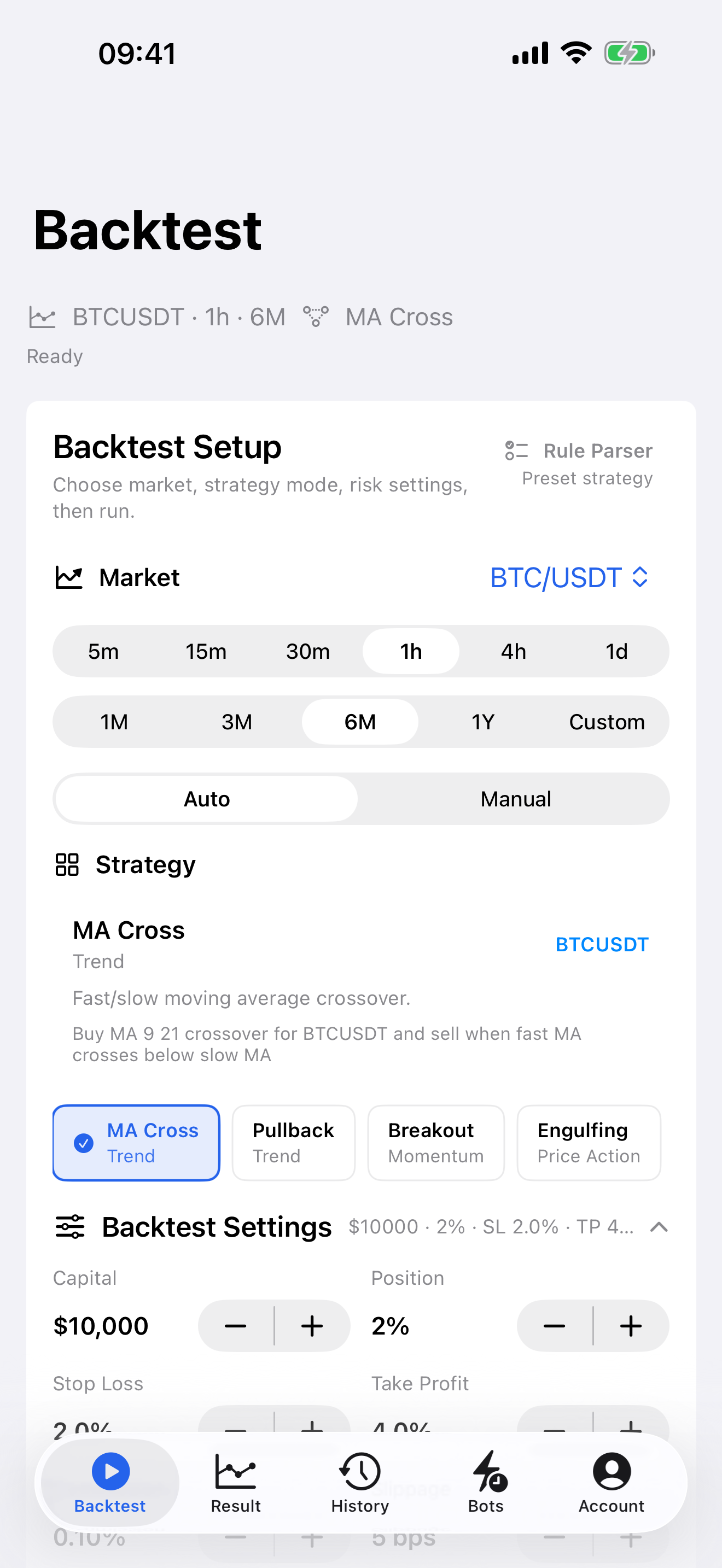 Backtest setup screen with BTC/USDT, timeframe, strategy mode, stop loss, take profit, commission, and slippage controls